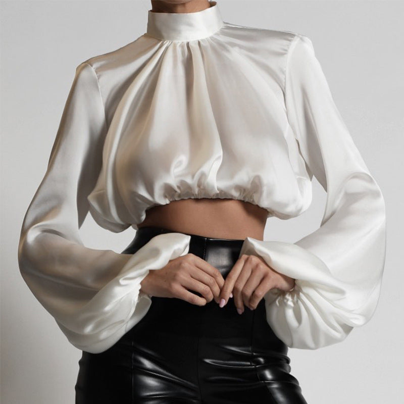 Satin-finish puff-sleeve turtleneck T-shirt top